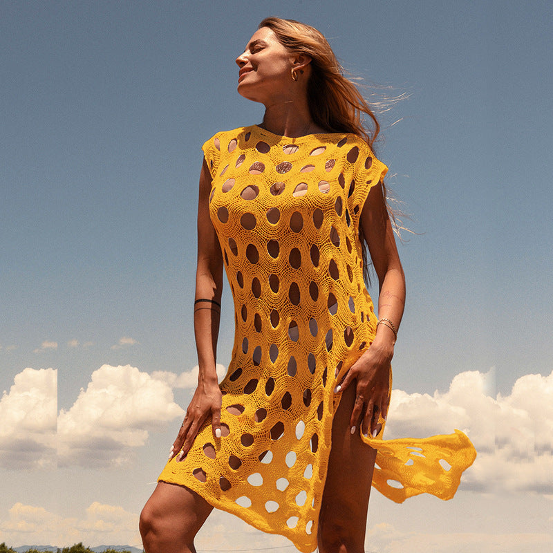 Wholesale Knitted Large Round Hollow Out Pullover One-piece Beach Cover Up